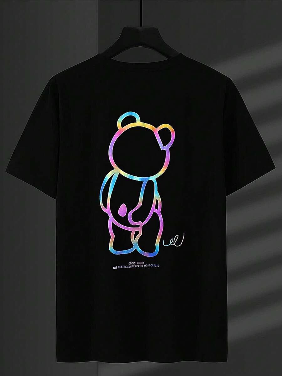 Manfinity EMRG Camisetas de hombre entalladas con cuello redondo, manga corta y estampado de osos divertido y holográfico, fabricadas en poliéster para verano.