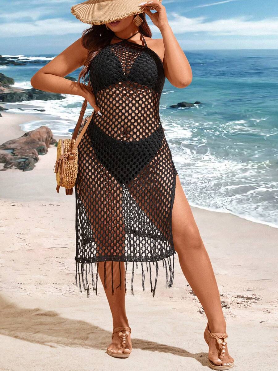 Breezaya Plus Size Knitted Hollow Out Fringed Hem Halter Sweater Dress
