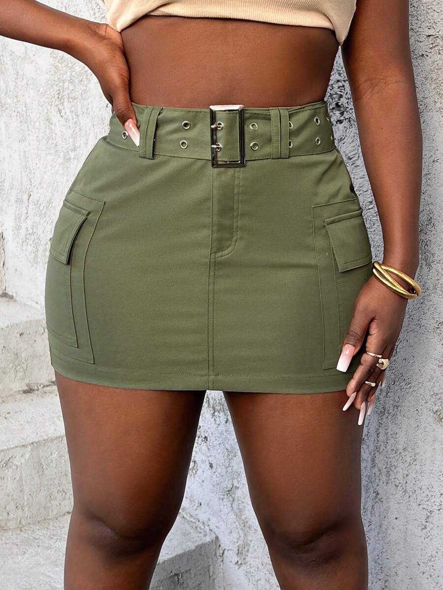 Slaydiva Belted Pocketed Utility Mini Skirt