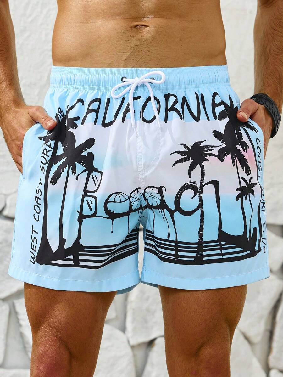 Manfinity Uomo Pantaloncini Da Mare Con Stampa Albero Di Cocco E Lettere Con Coulisse In Vita