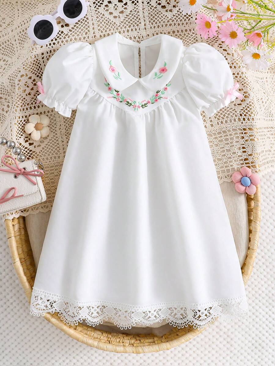 SHEIN 2pcs/Set Young Girls' Embroidered Collar & Puff Sleeve & Bowknot Decor A-Line Dress For Party, Summer