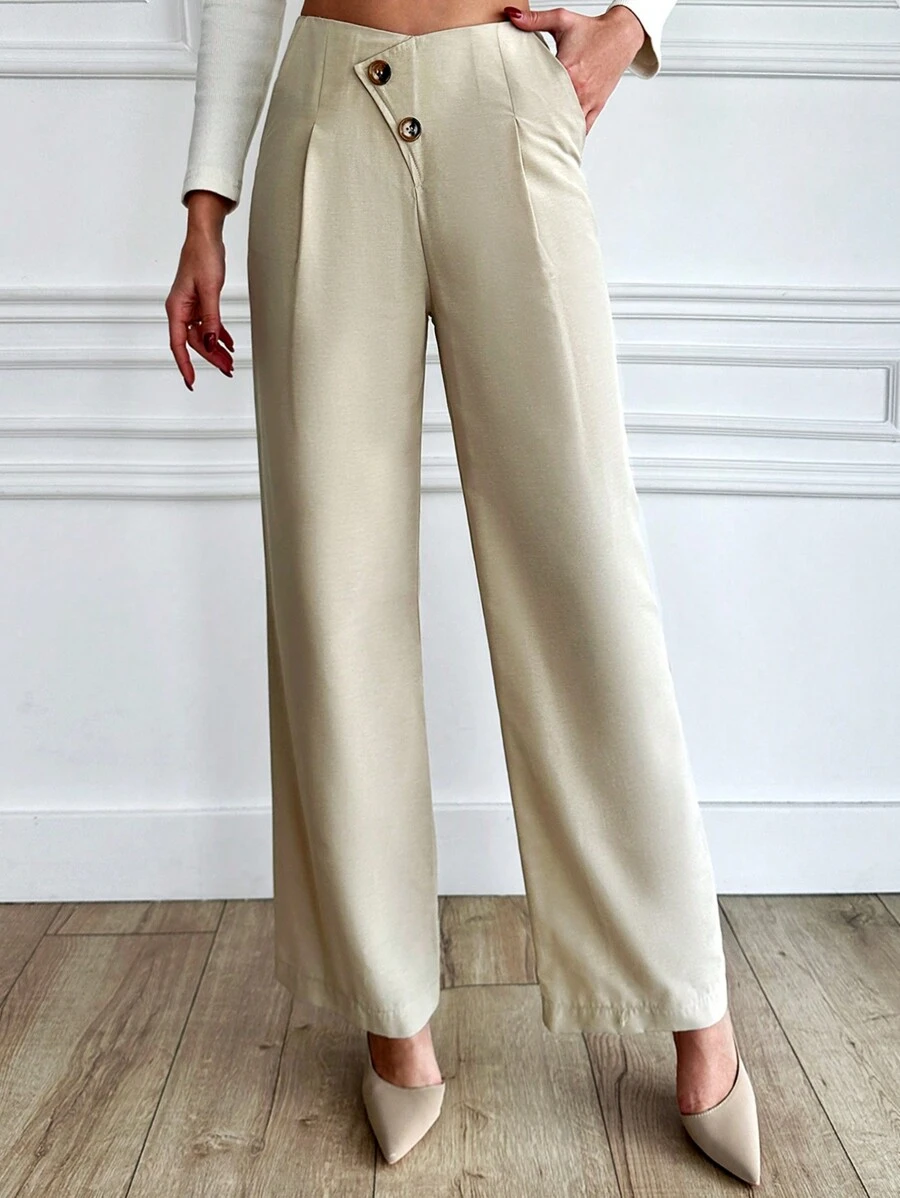 RueChic Solid Color Wide-Leg Pants With Button And Slanted Pockets