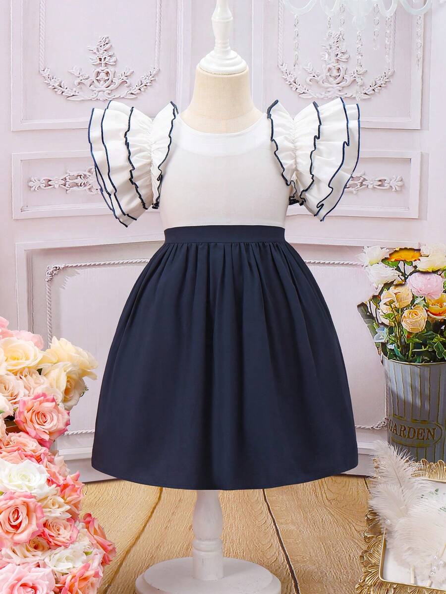 SHEIN Vestido Con Dobladillo Con Volantes Y Remiendos De Color Azul Y Blanco Para Niñas Jóvenes