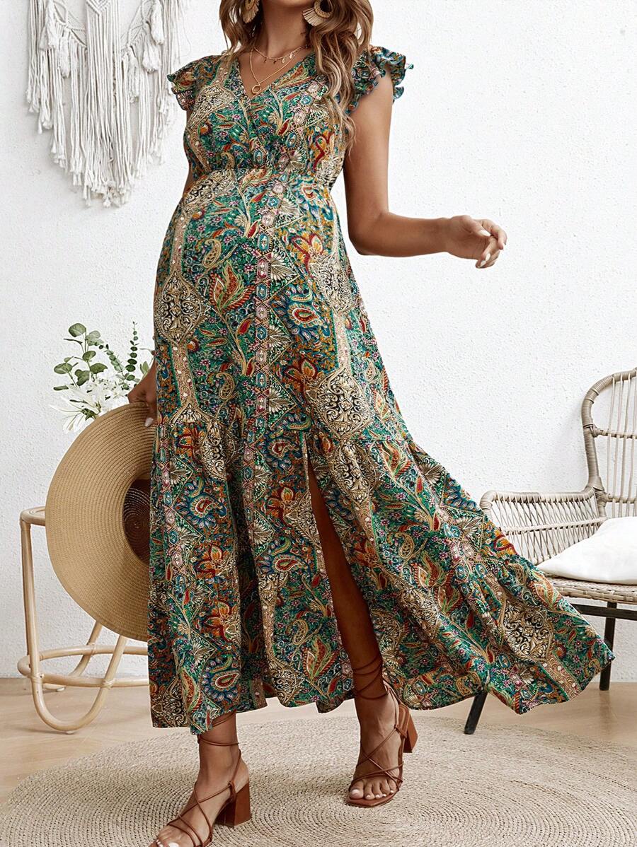 SHEIN Maternity Women's Long Floral Printed Casual Holiday Dress For Young And Energetic Moms