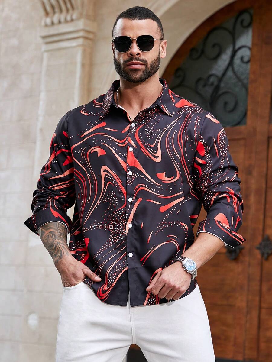 Manfinity Homme Plus Size Men's Full Print Long Sleeve Shirt