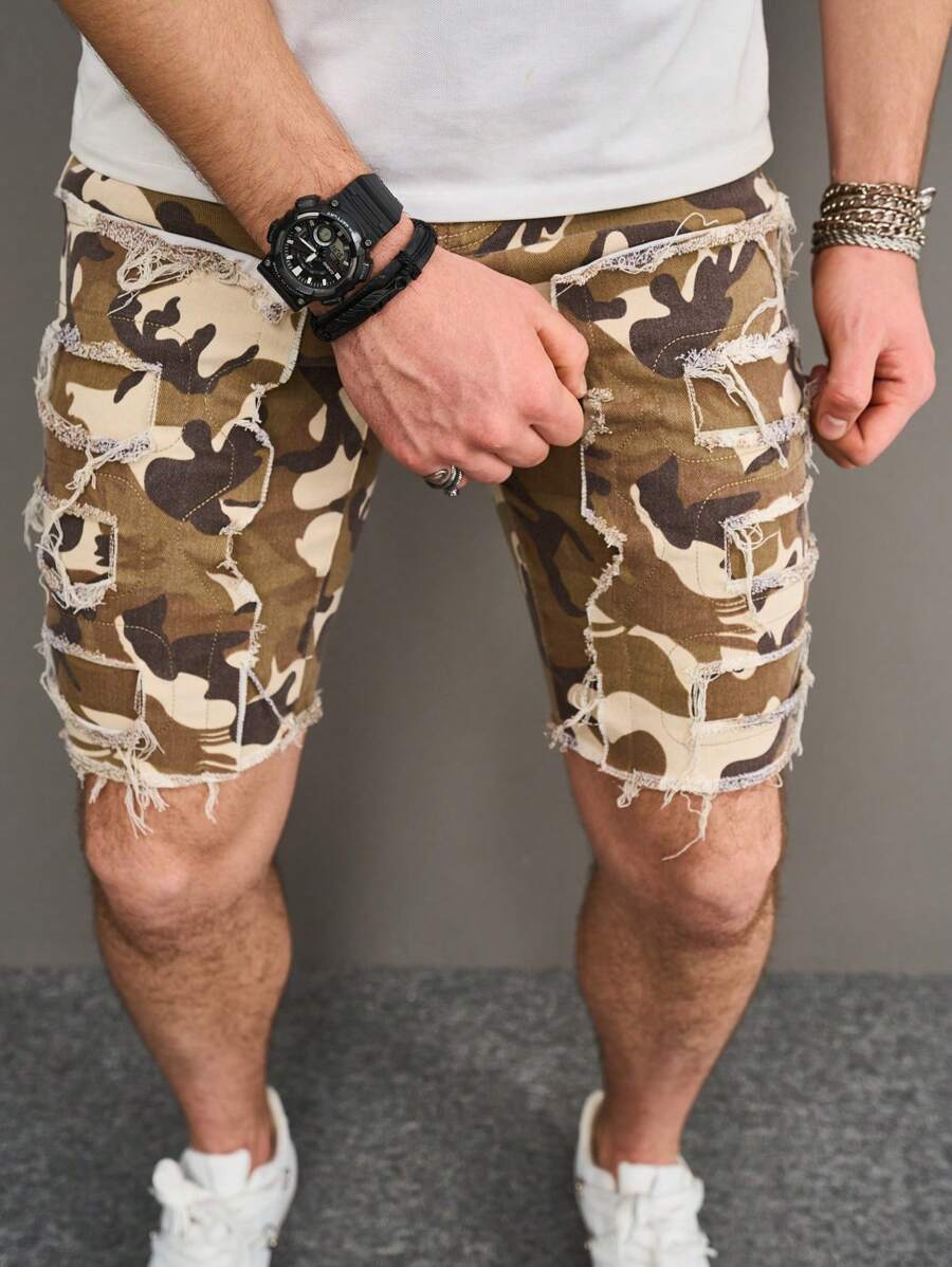 Manfinity EMRG Men's Camouflage Patchwork Fleece Denim Shorts