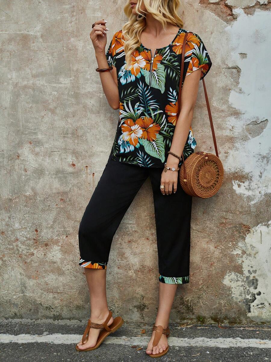 EMERY ROSE Ladies' Tropical Plant Printed Front Zipper Short-Sleeve Shirt And Trousers Set