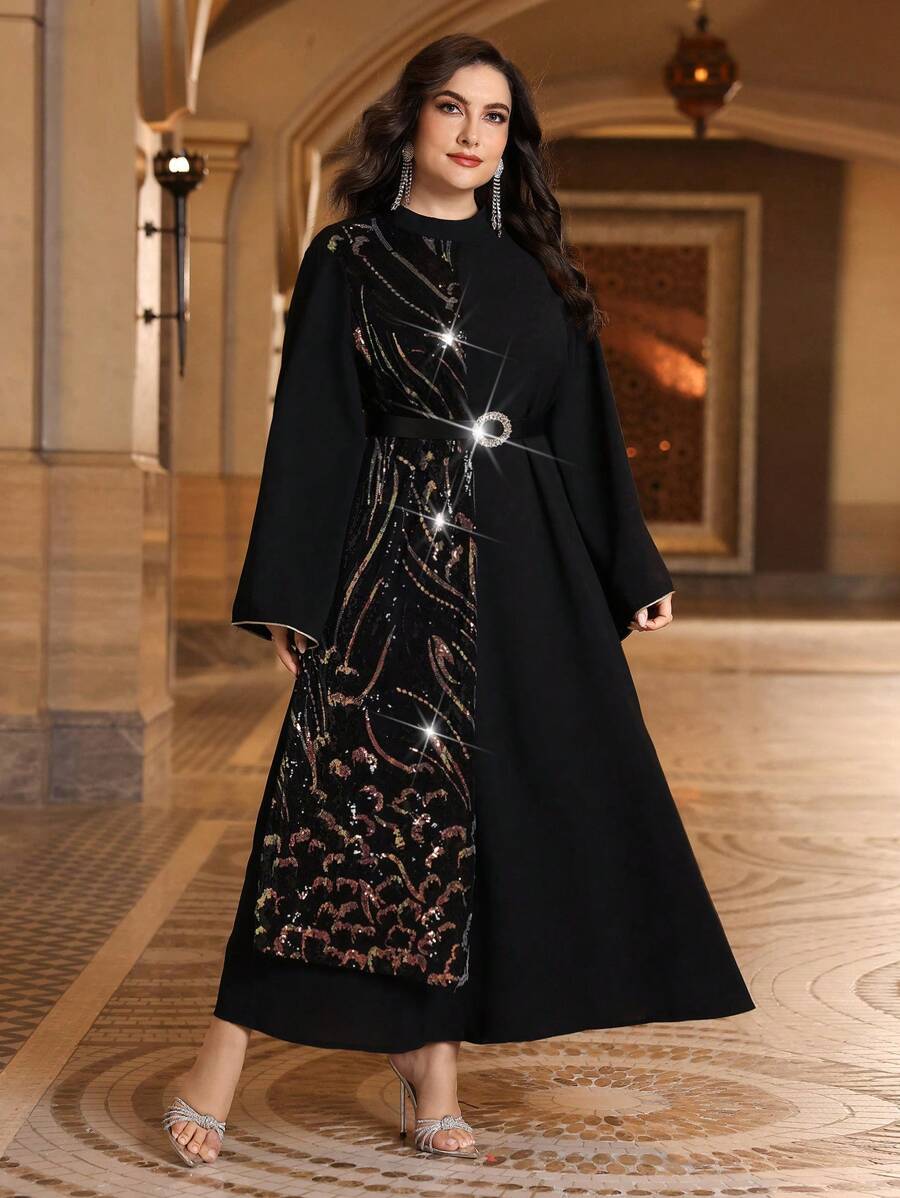 Al Najma Plus Size Glitter Patchwork Flare Sleeve Dress
