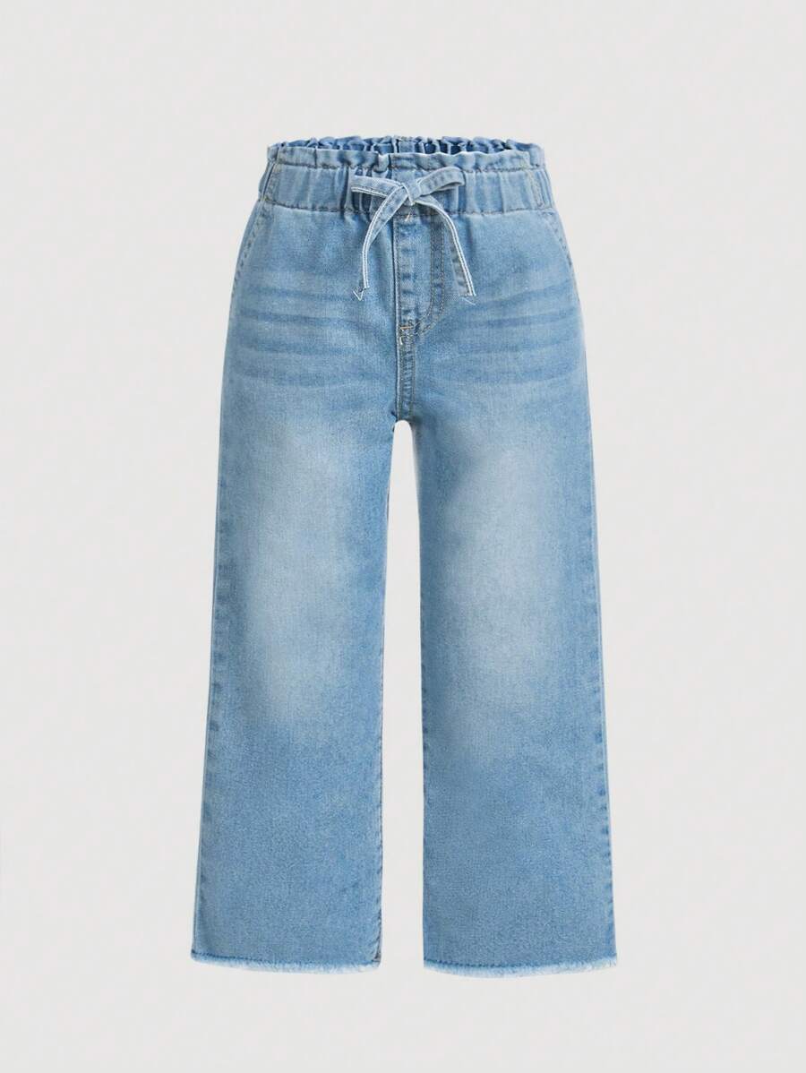 SHEIN Jeans en denim délavé bleu clair pour filles, avec une nouvelle ceinture élastique volantée pour l'été printemps