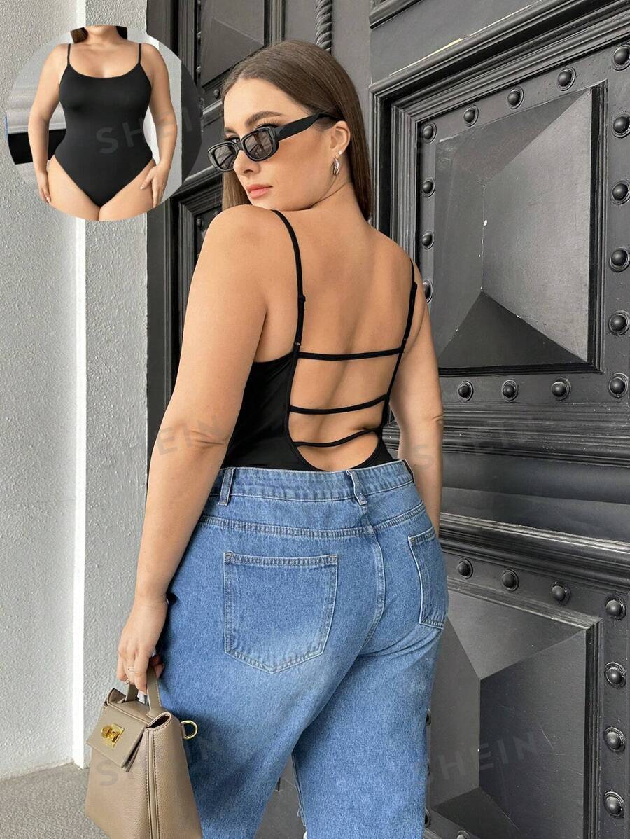 SHEIN Essnce Body informal de talla grande para mujer de verano con diseño de espalda descubierta y tirantes de espagueti, unicolor, para festival de música