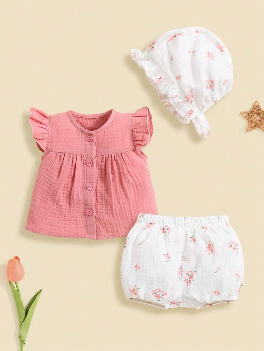 SHEIN Pasgeboren Baby Meisjes Effen kleur Rucheszoom Tops , Bloemen Shorts En Pet 3 stuks