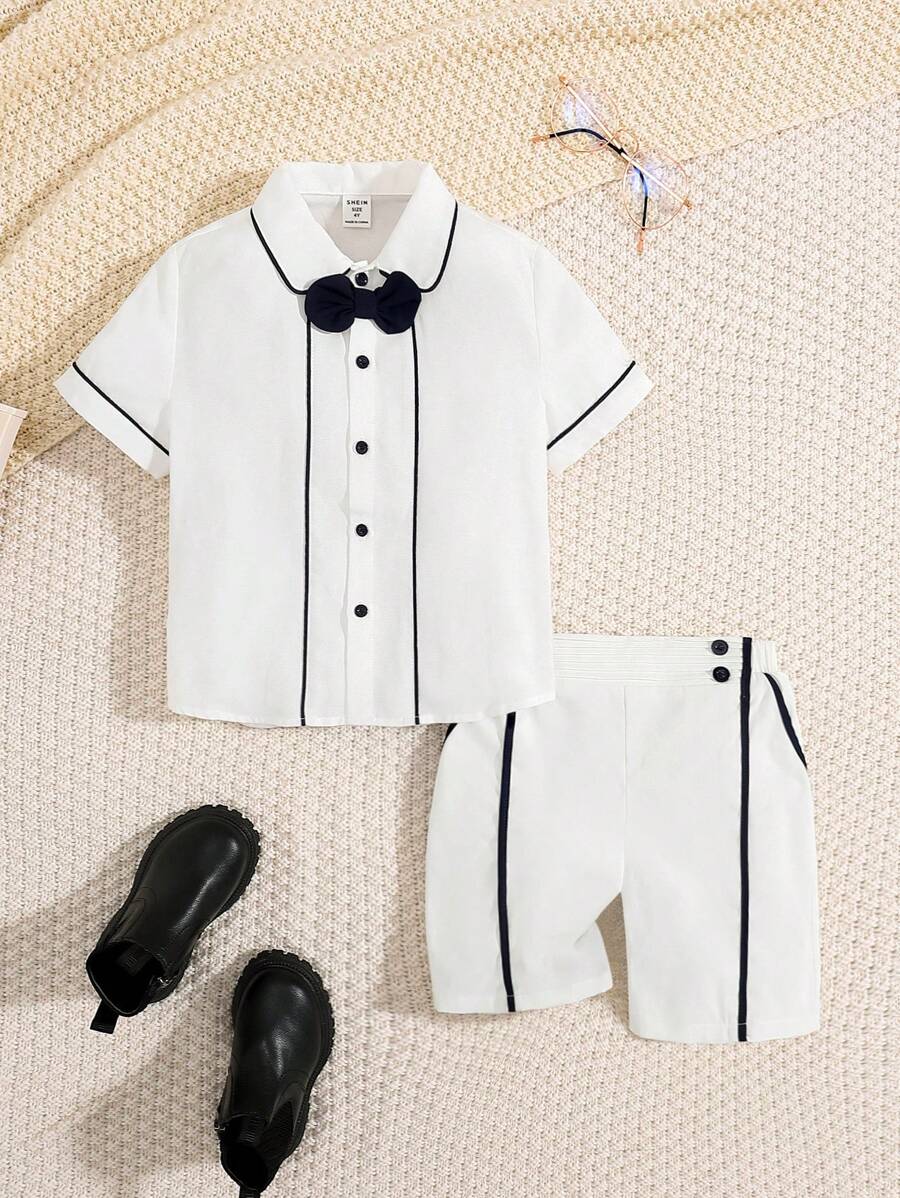 Jungen Formeller Anzug Zwei Stück Set, Beinhaltet Luxuriöses Gewebtes Fliege Dress Hemd Und Shorts