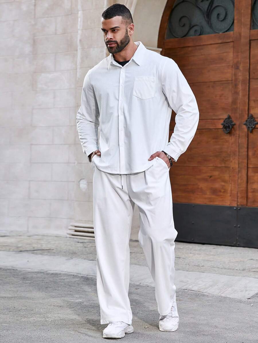 Manfinity Homme Men's Plus Size Pocket Front Long Sleeve Shirt And Pants Set