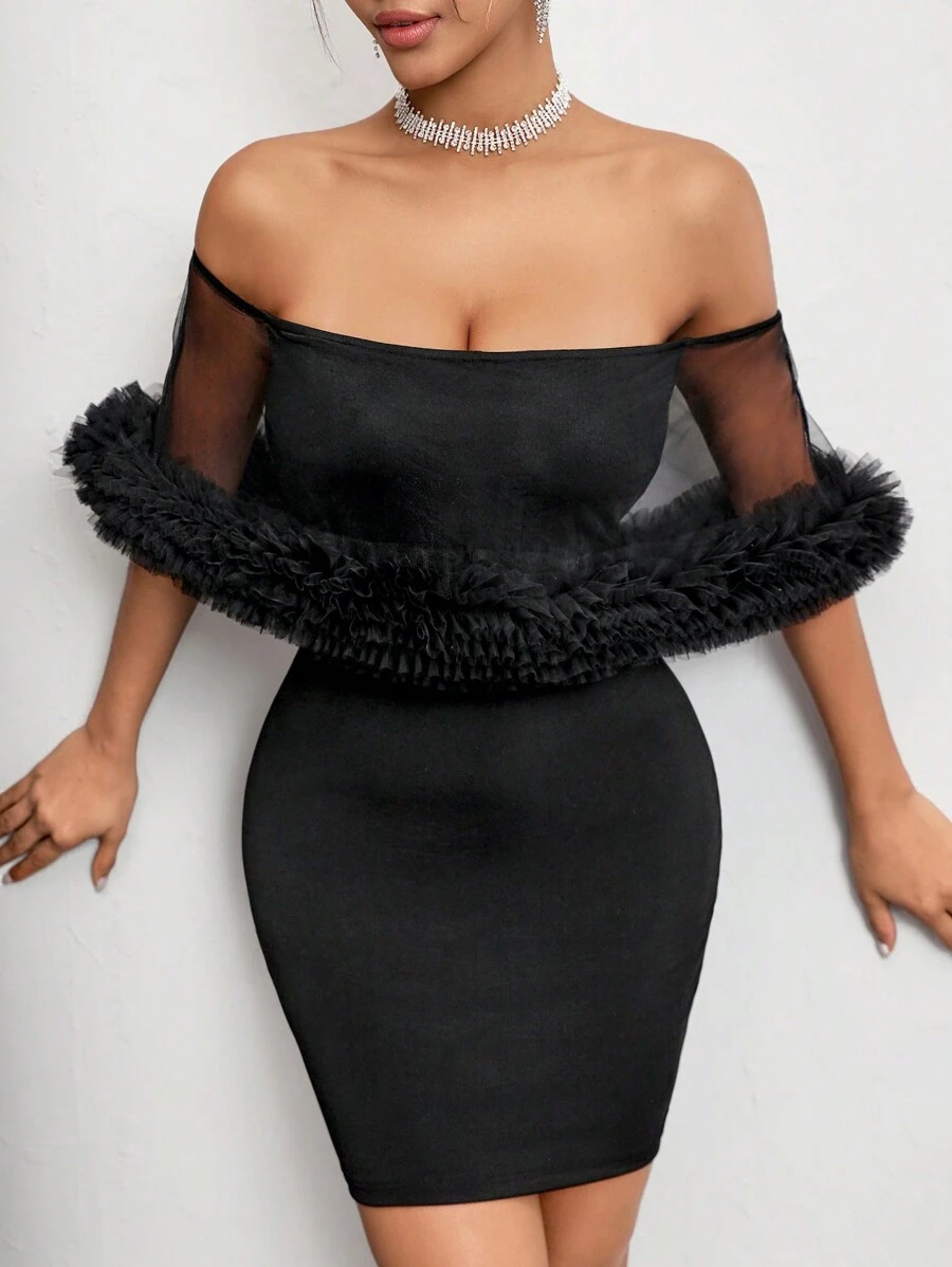 Allurite Robe Épaules Dénudées Pour Femmes Avec Panneau Transparent Et Détails De Pliage, Coupe Slim