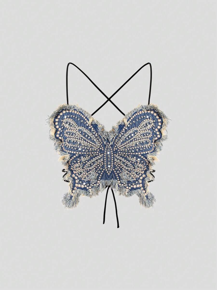 EgrlEra Women's Sparkling Rhinestone Butterfly Shape Camisole Tank Top Y2K Outfit Graphic Tees Women Tops