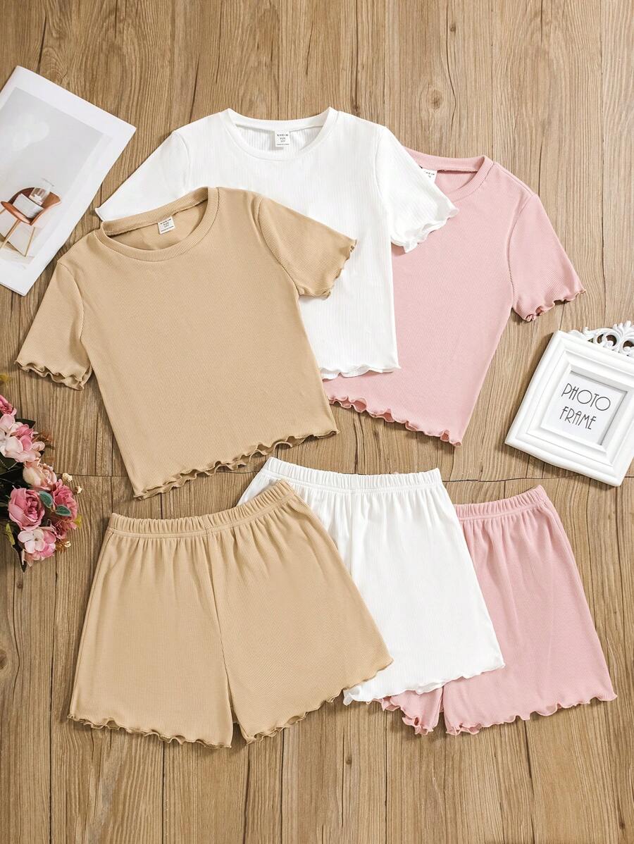 SHEIN Conjunto De 3 Peças Camiseta Justa De Malha E Shorts De Malha Com Cor Sólida Para Meninas, Conjunto De Malha Para Férias Casuais