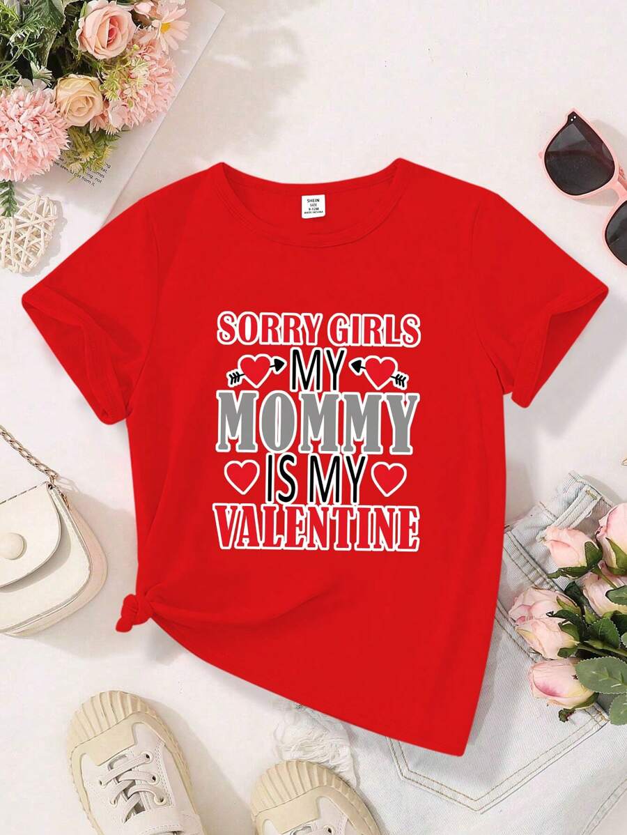 SHEIN Maglia Stampata Con Slogan Divertente E Carino Da Bambino, Casual E Semplice, Adatta Per Primavera/estate E San Valentino