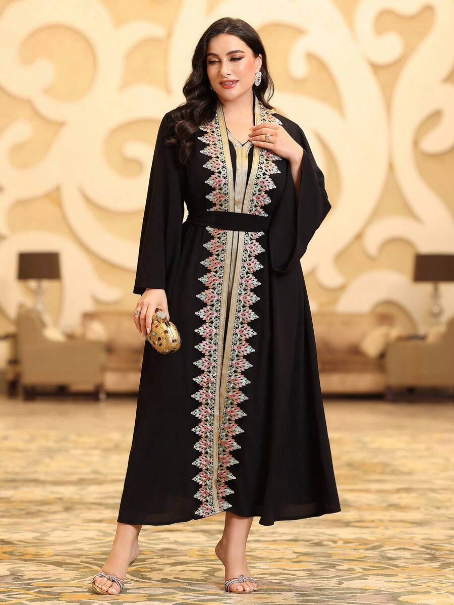 Al Najma Plus Size Embroidery Patchwork Jacket & Woven Belt Patchwork Dress