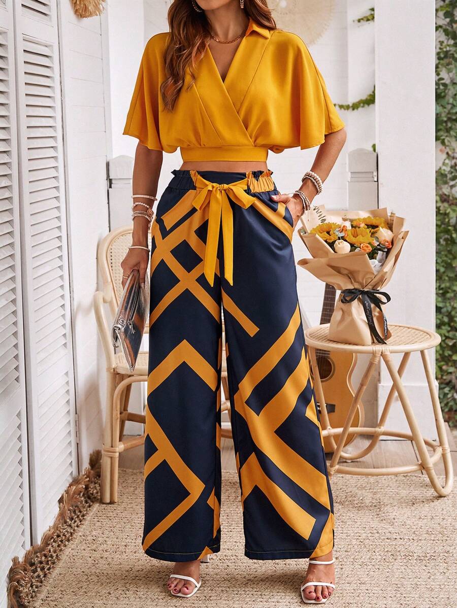 SHEIN Clasi Ladies' Solid Color Cropped Top With Collar And Geometric Pattern Pants Set