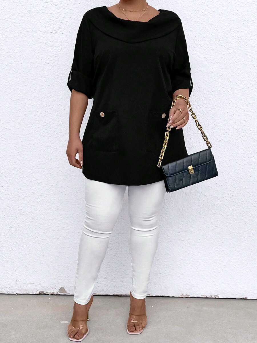 SHEIN LUNE Plus Size Solid Color Rolled-Up Sleeve Blouse