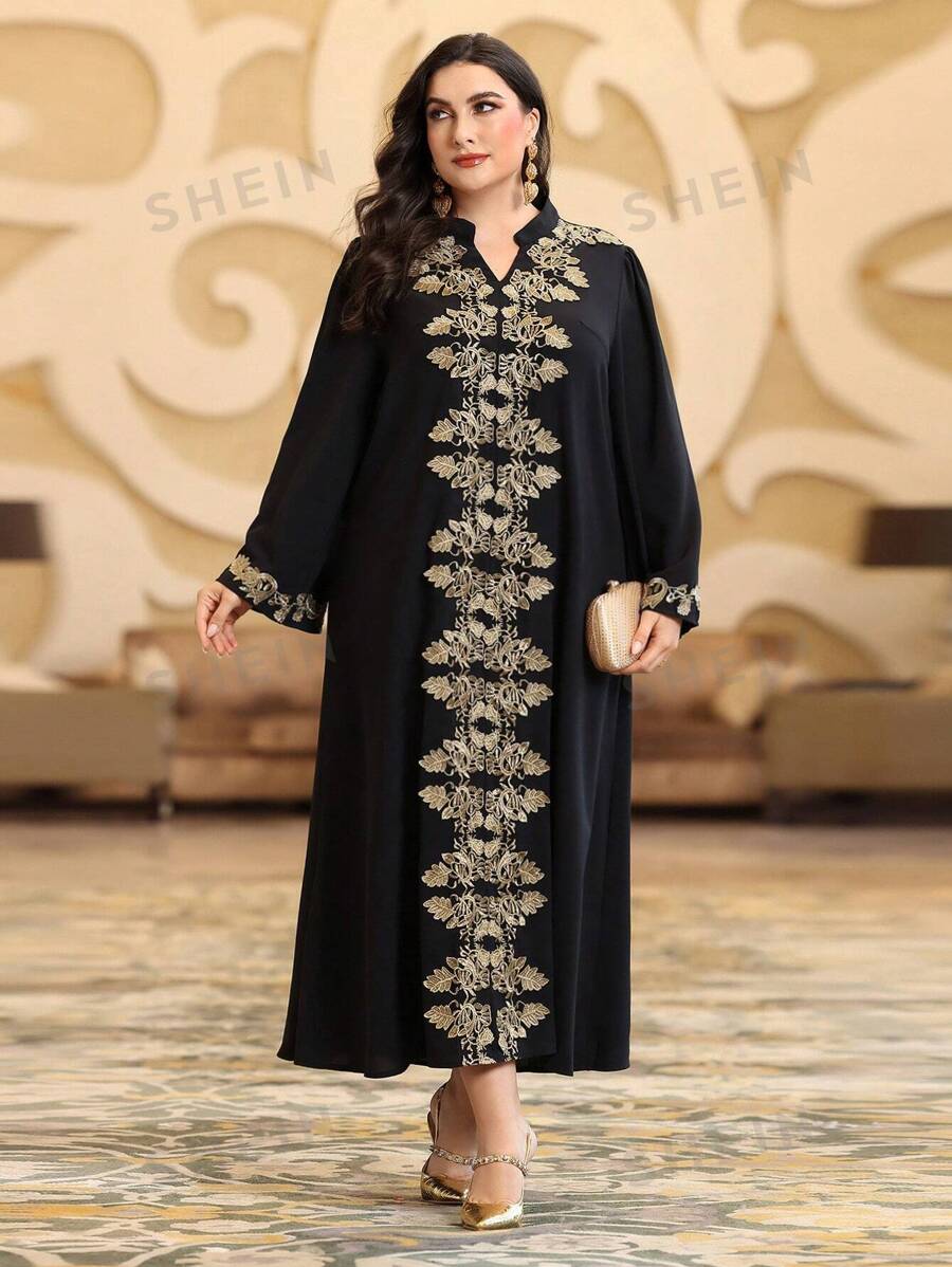 Layrah Vestido tipo kaftan con escote en pico, bordado floral, estilo de fiesta de lujo elegante, tallas grandes