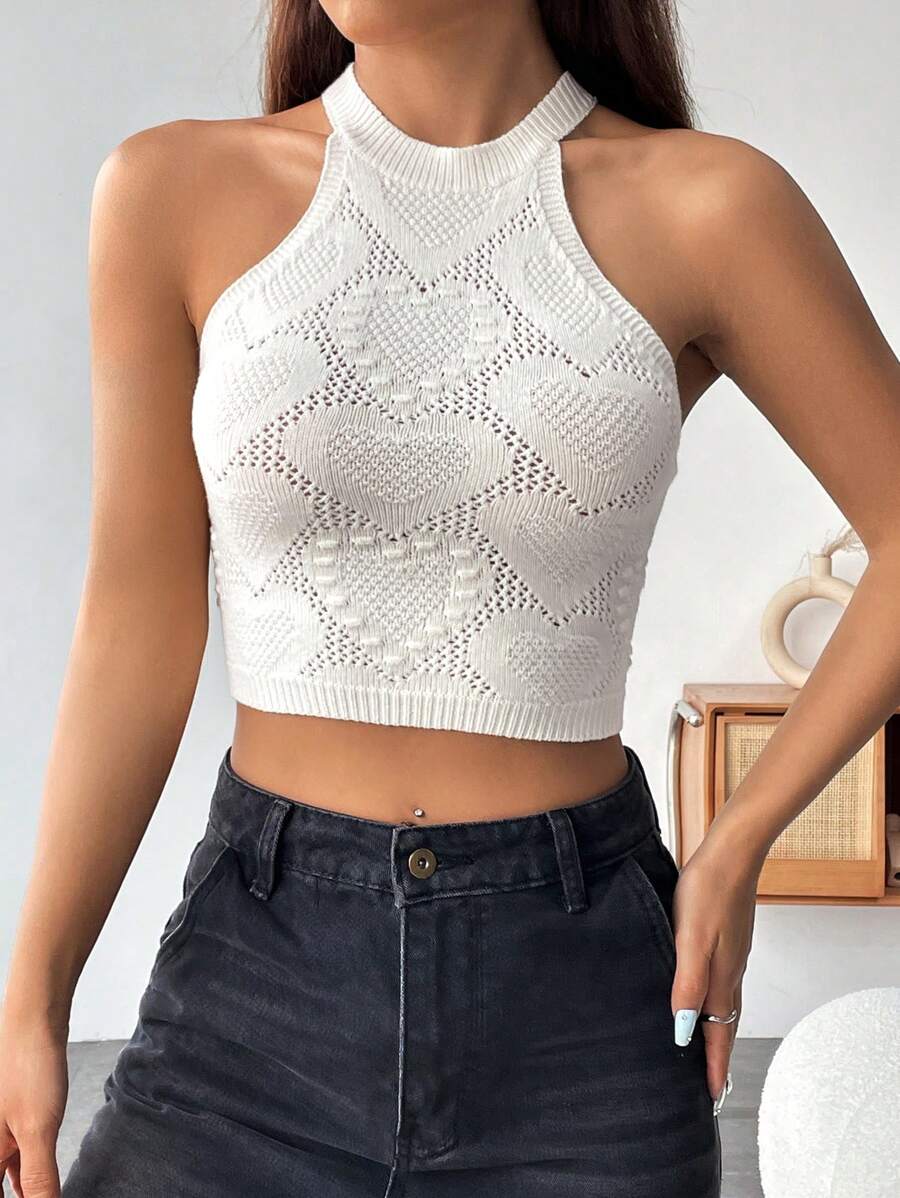 Flirla Women's Heart Texture Knit Halter Top
