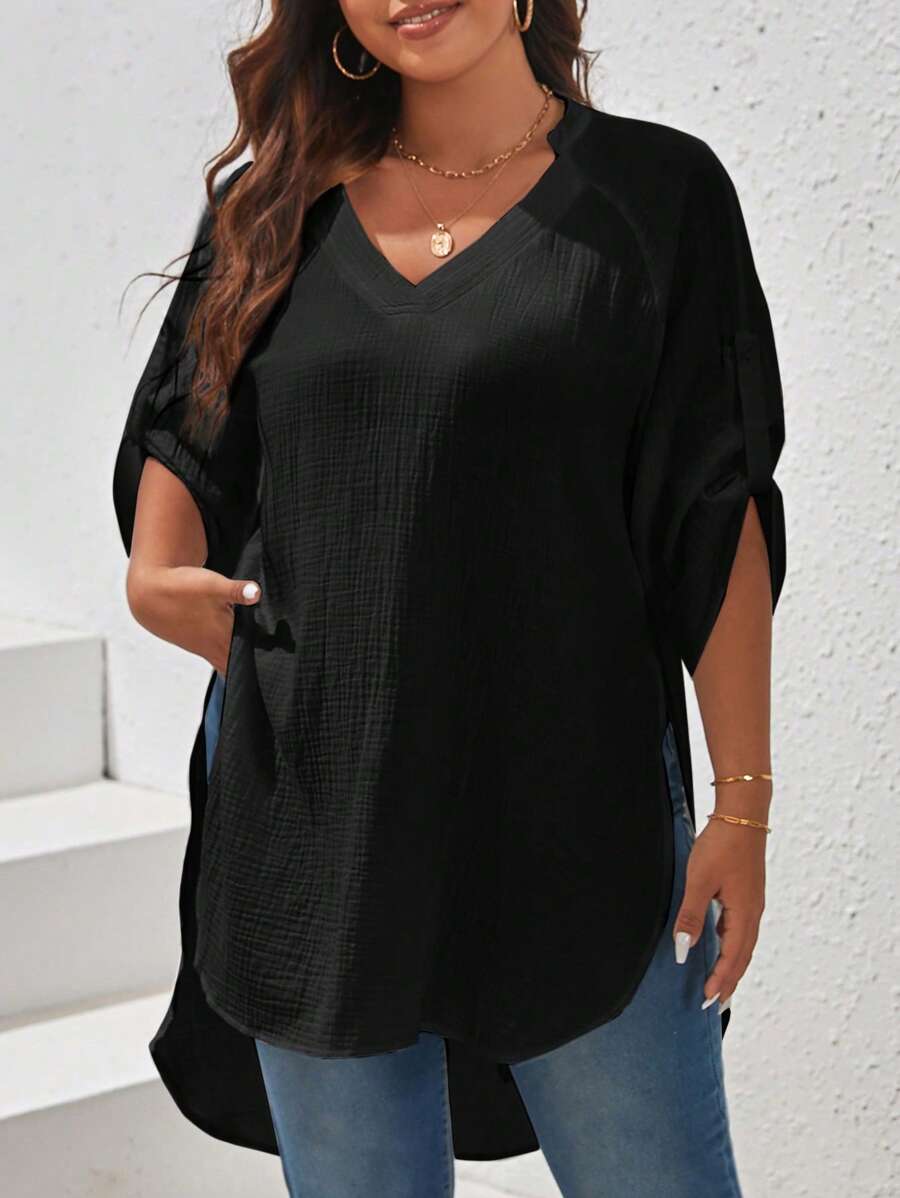 SHEIN VCAY Women's Plus Size Crepe Roll Sleeve Summer Shirt
