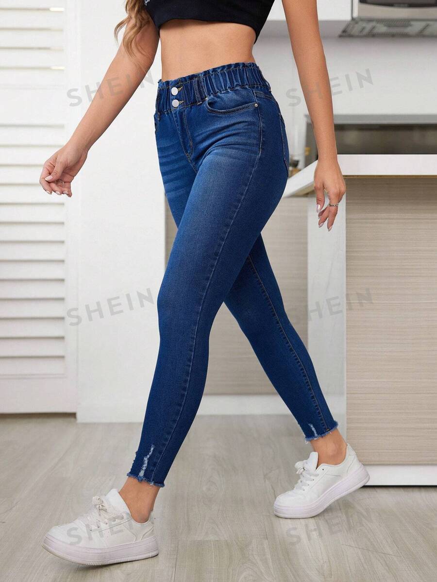 SHEIN Essnce Pantalones De Mezclilla Para Mujer Con Cintura Elástica Y Dobladillo Sin Acabado