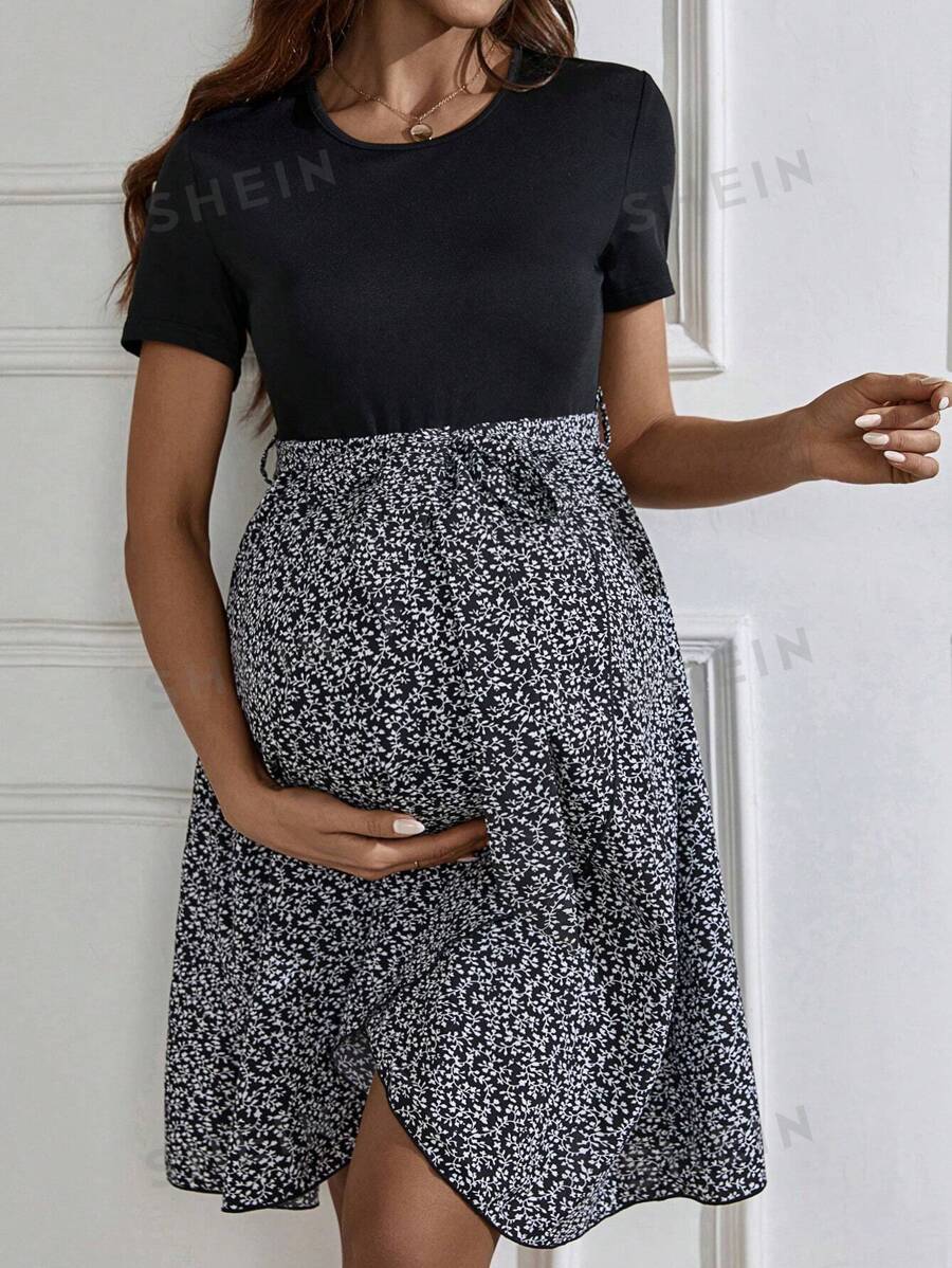 SHEIN Vestido De Maternidad Con Cinturón Y Estampado De Plantas