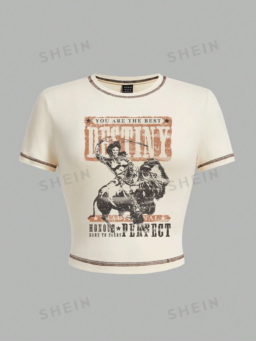 SHEIN EZwear Blusa corta de cuello redondo de manga corta con patrón vaquero retro casual para mujer, verano TÚ ERES EL MEJOR DESTINO HONOR TRADICIONAL PERFECTO ATRÉVETEJÍ A EMPEZAR
