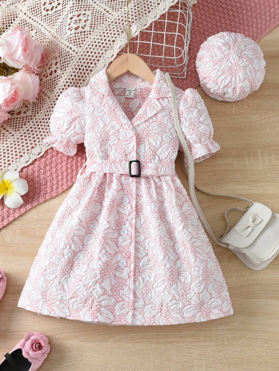 SHEIN Vestido Jacquard Elegante Com Gola Virada Para Baixo E Manga Bufante Para Meninas Com Cinto E Chapéu Para O Verão