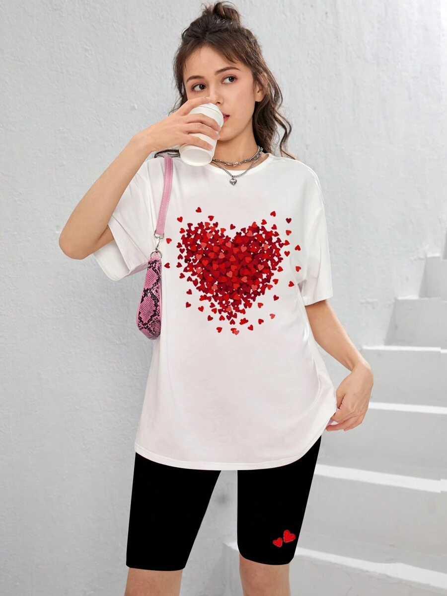 GraphicGems Teen Girl Heart Print Drop Shoulder T-Shirt And Shorts Set