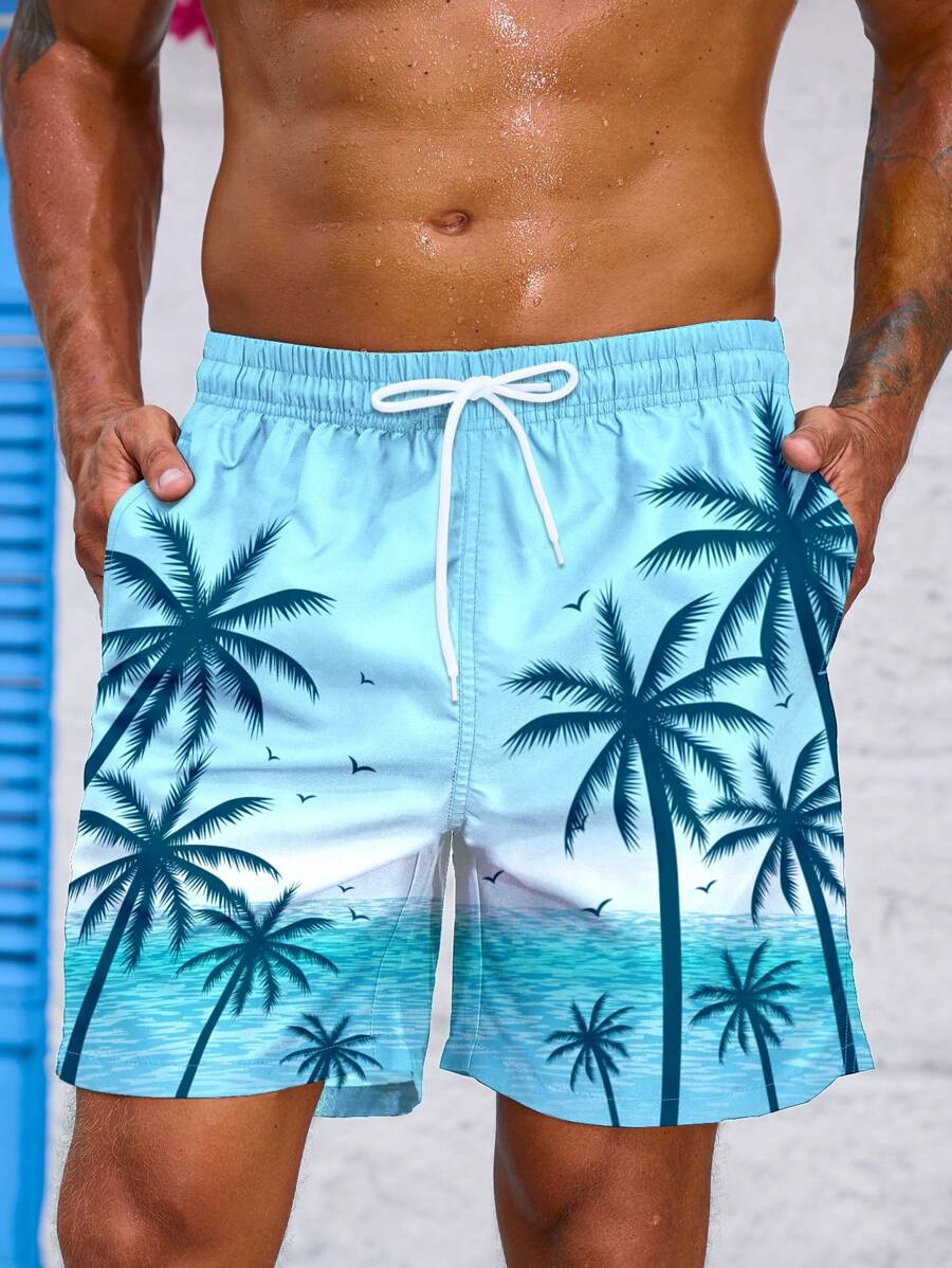 Manfinity Heren strandshorts met kokosnootboom- en oceaanlandschap, bedrukt met grafische print, voor strand, vakantie en Hawaii