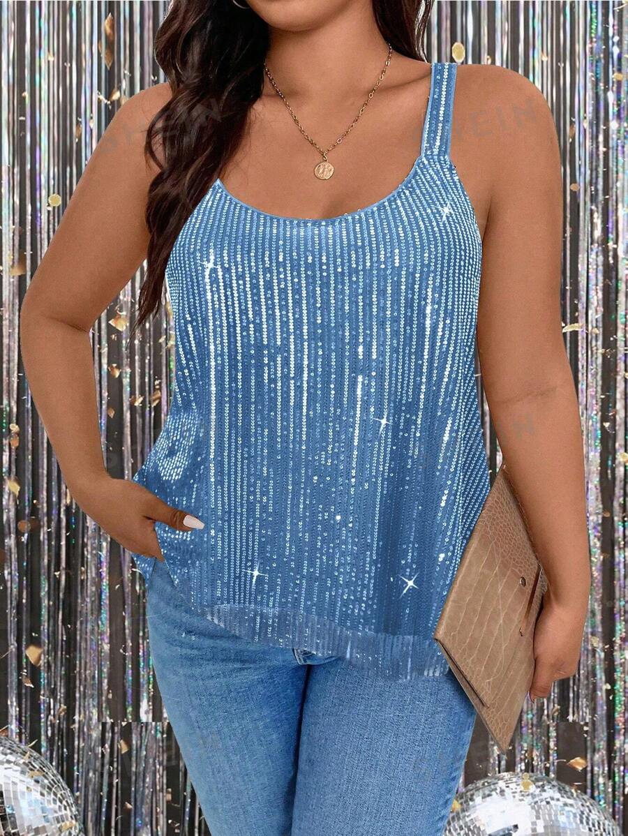 SHEIN Clasi Camiseta sin mangas brillante de talla grande para verano, ropa para fiesta de vacaciones