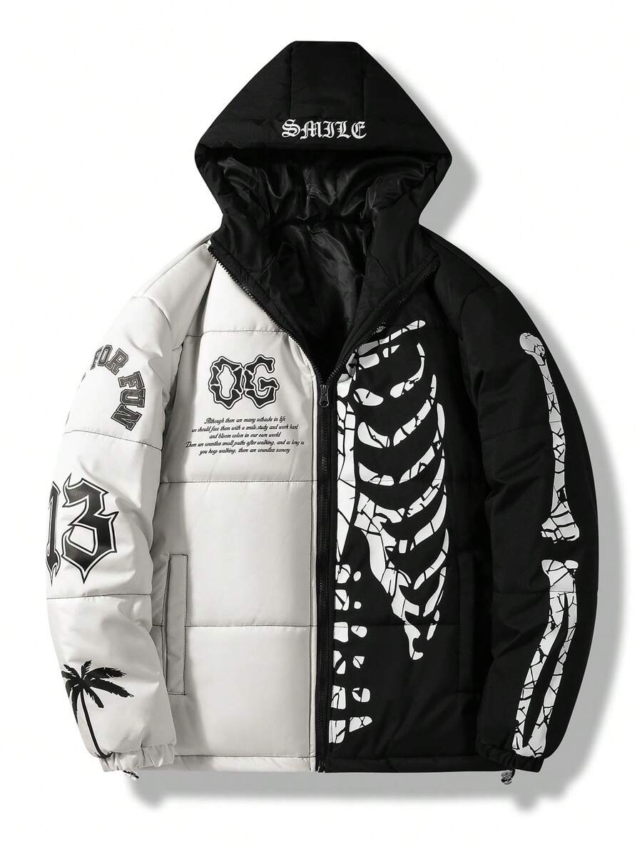 Manfinity EMRG Men Slogan Graphic Colorblock Hooded Padded Coat Party Goth Graphic Boyfriend Gift Color Block Quilted Jacket