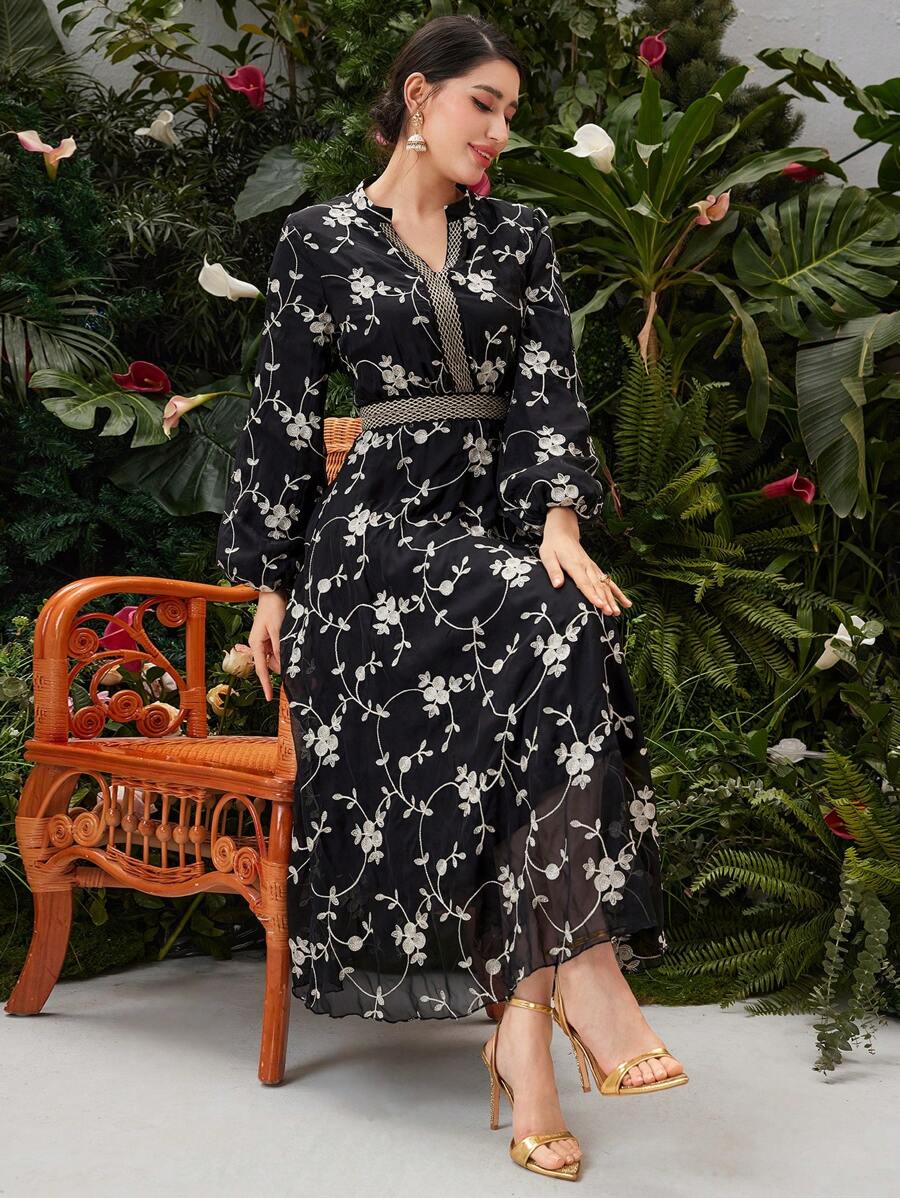 Modelyn Flower Embroidered Patchwork Ribbon Decor Notched Collar Lantern Sleeve Dress Long Evening Dresses