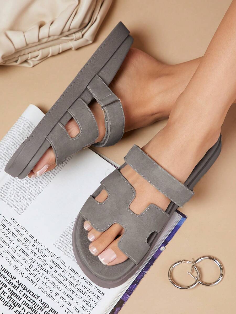 SHUZIA All-Time Women's Luxury-Inspired Hook And Loop Strap Cutout Round Toe Soft Footbed Flatform PU Elephant Grey Slide Sandals – Comfort & Versatile Summer Shoes Spring Shoes Spring Break Easter Vacation Shoes Casual Shoes Beach Shoes Mother's Day Present