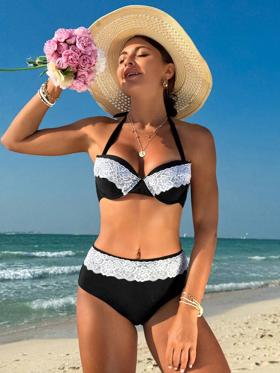 SHEIN Swim Letni komplet bikini z koronką i fiszbinami Carnival