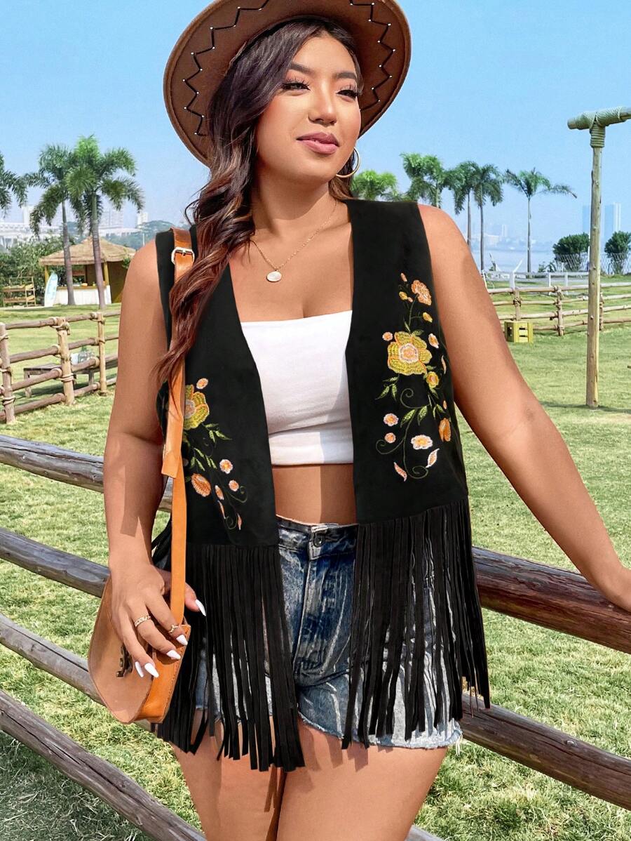 Flirla Plus Size Summer Flower Embroidery Fringe Hem Vest Coat