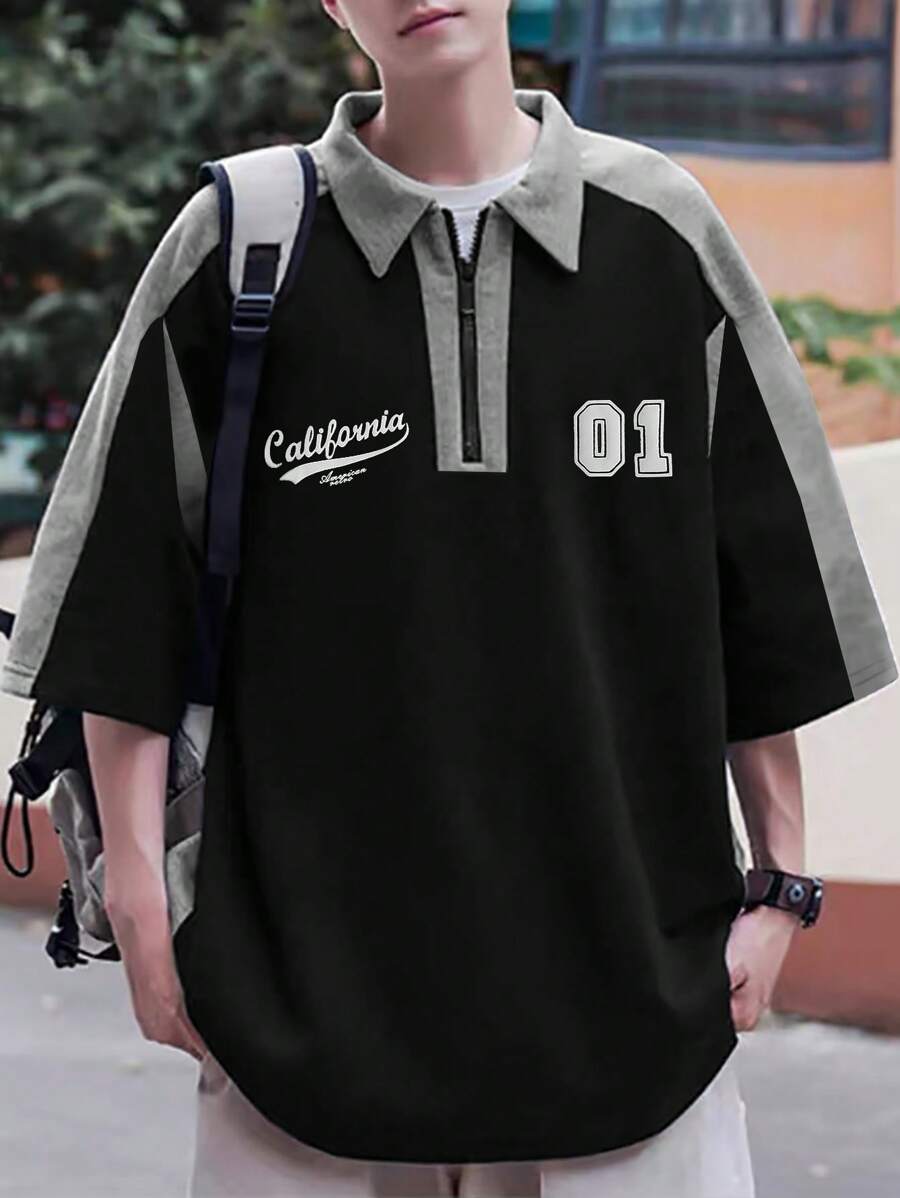 Manfinity Sporsity Camisa Polo Suelta Para Hombres Con Manga Raglán Y Estampado De Letras