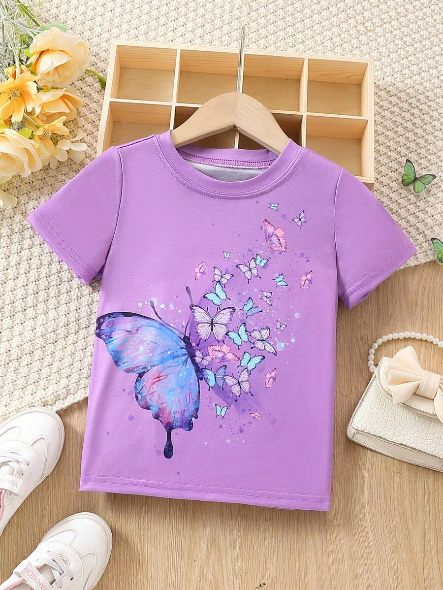 Young Girl Butterfly Printed Round Neck Short Sleeve T-Shirt
