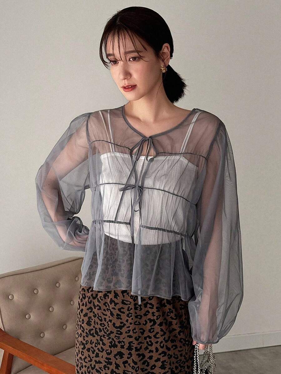 FRIFUL Women's Lantern Sleeve Mesh Top With Front Tie Sheer