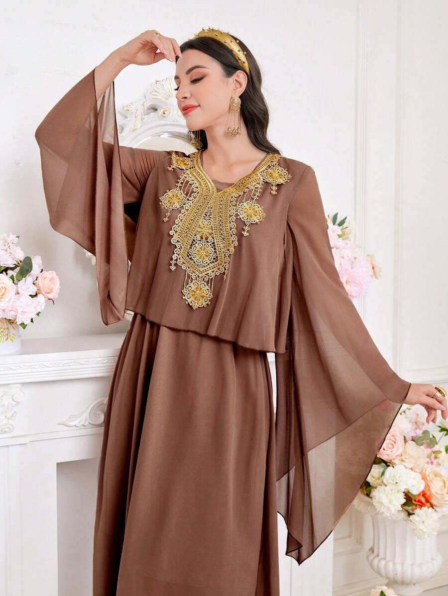 Al Najma Women'S Water-Soluble Lace Patchwork Flare Sleeve Dress Eid Dress