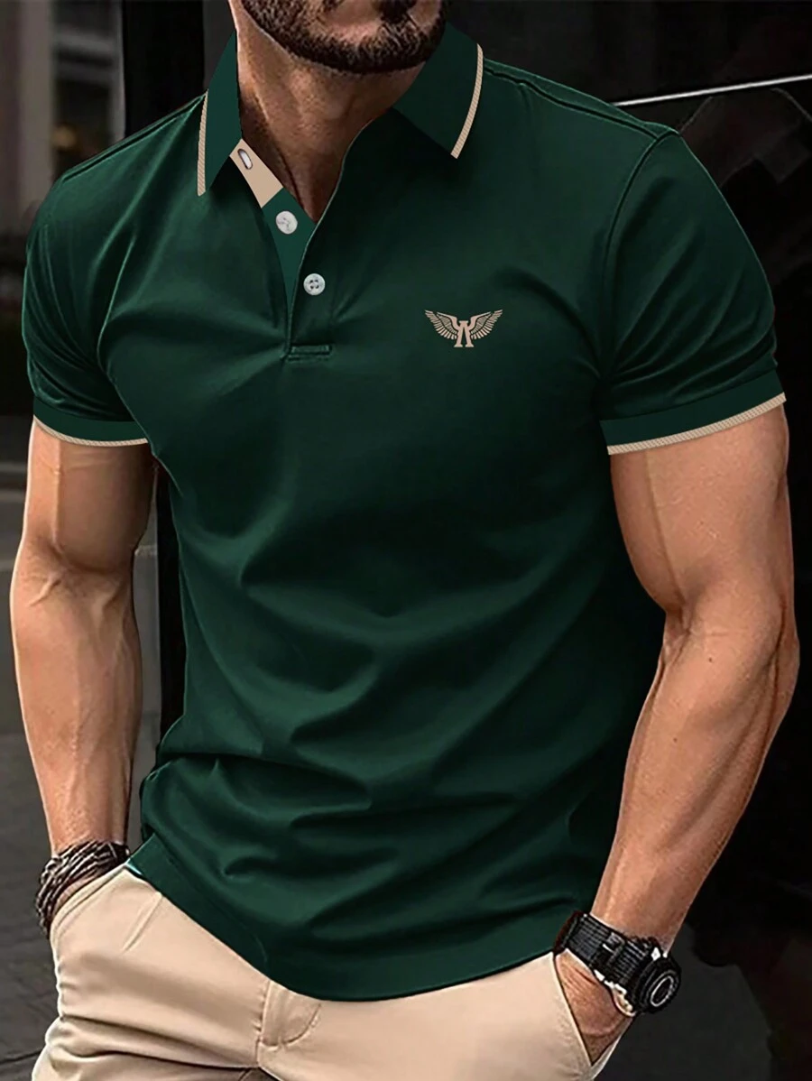 Manfinity Mode Men's Printed Colorblock Edge Short Sleeve Polo Shirt, Collar Graphic Color Block Work Shirt