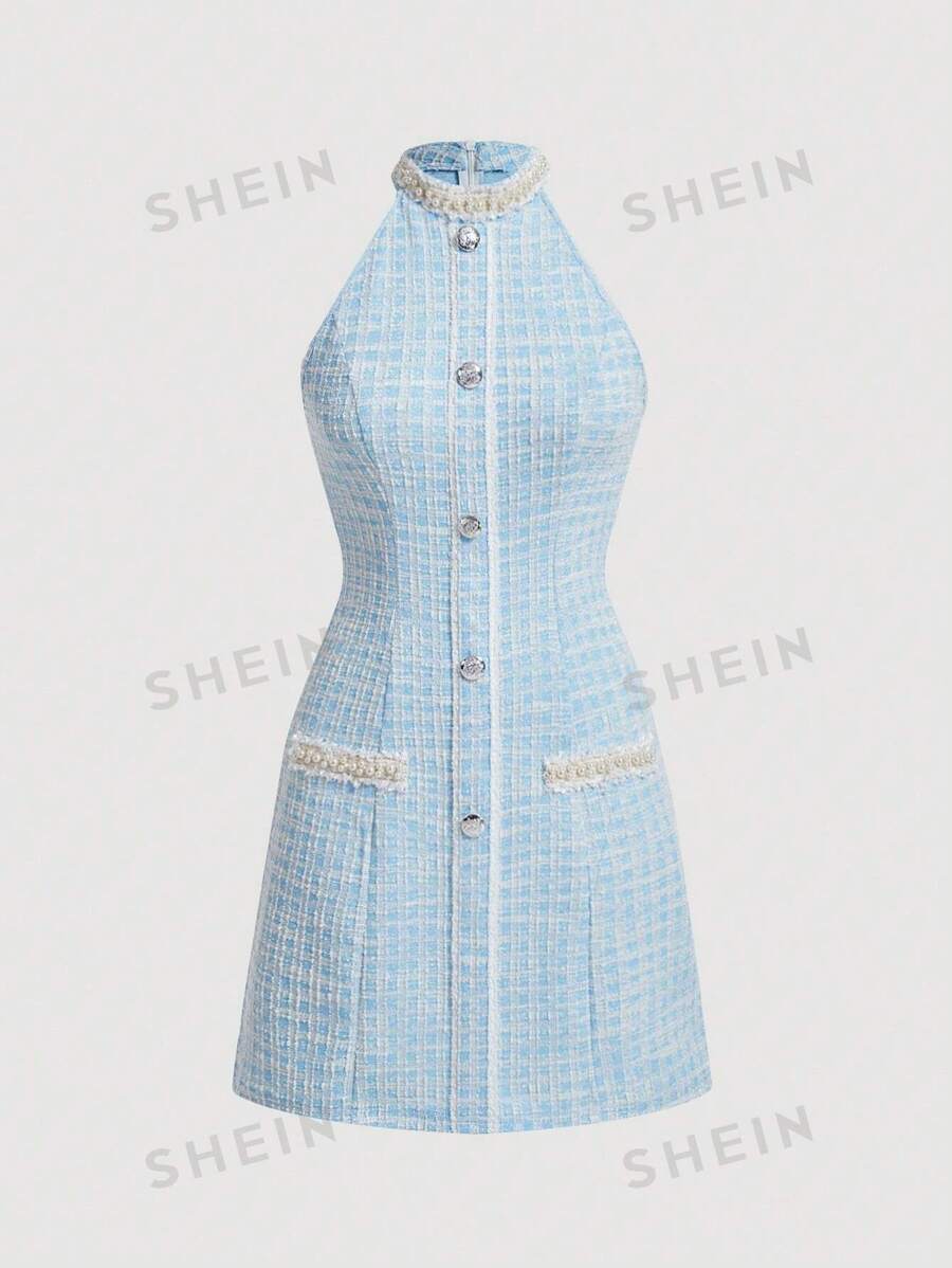 SHEIN MOD Vestido De Cuello Halter De Cuadros Gruesos Para Mujer