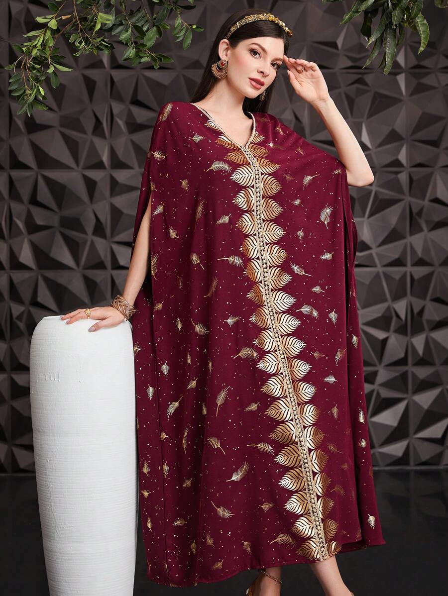Al Najma Burgundy Red Women's Cape-Style Turkish Long Shirt With Feather Print & Gold Foiling