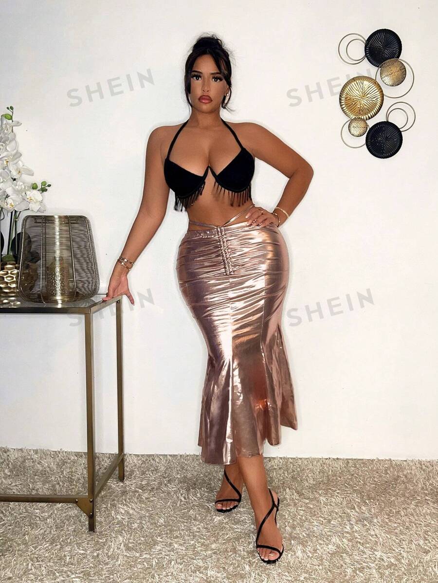 SHEIN SXY Falda de sirena plisada metálica de oro rosa para mujer