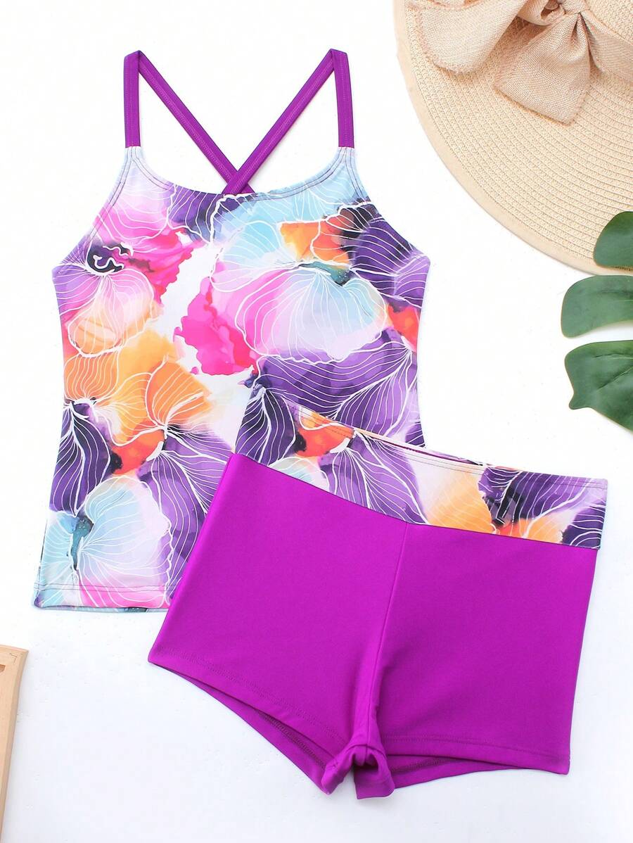 SHEIN 2pcs/Set Tween Girls' Cross-Back Sweet And Cool Y2k Floral Print Leisure Vacation Tank Bikini Set