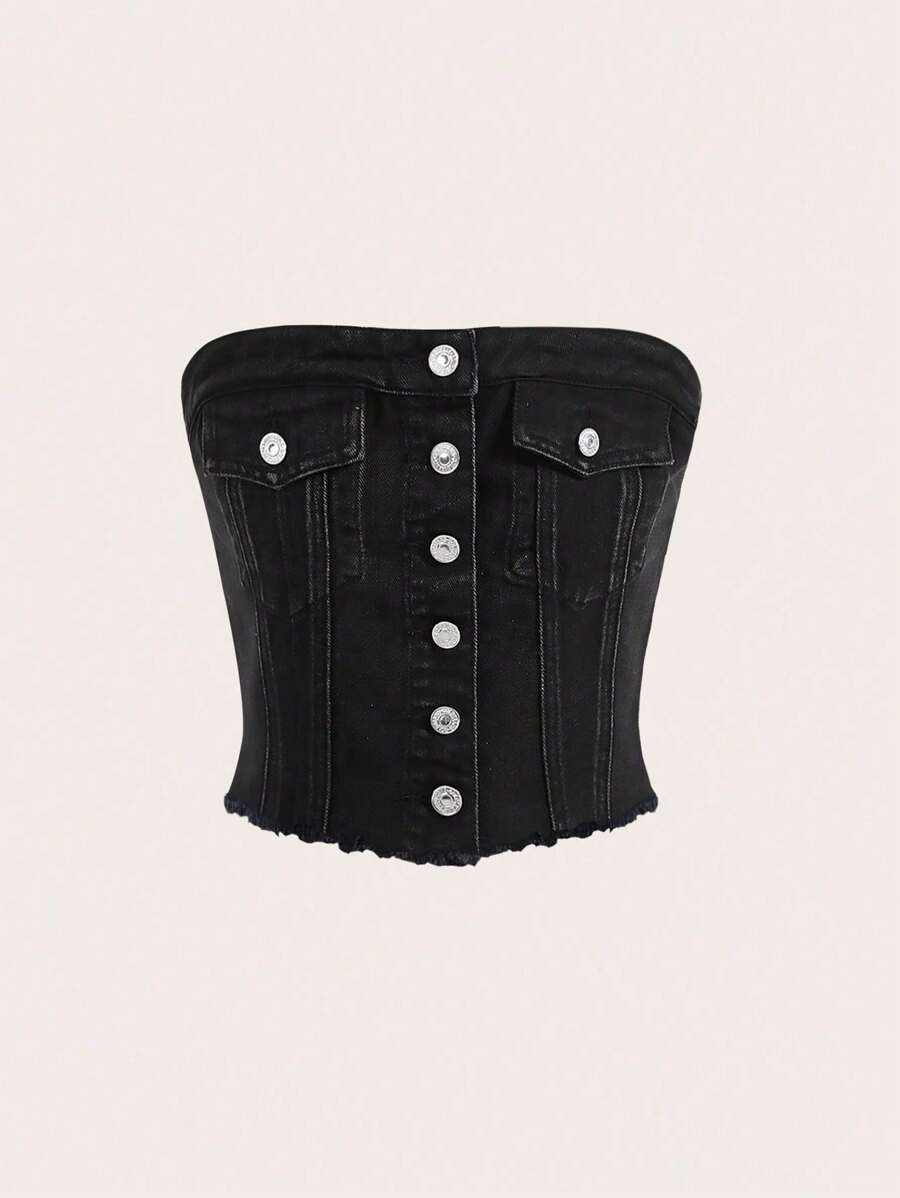 SHEIN ICON Flap Detail Tube Denim Top