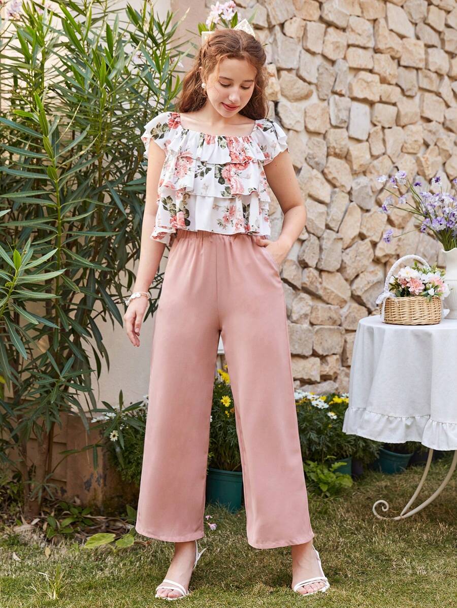 SHEIN Teen Girl's Floral Print Multi-Layer Ruffle Trim Shirt With Slanted Pockets And Long Pants Casual 2-Piece Set
